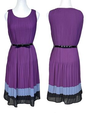 SL Fashions Purple Pleated Tent Dress 10 Vinyl Bow Belt Sleeveless Party Wedding